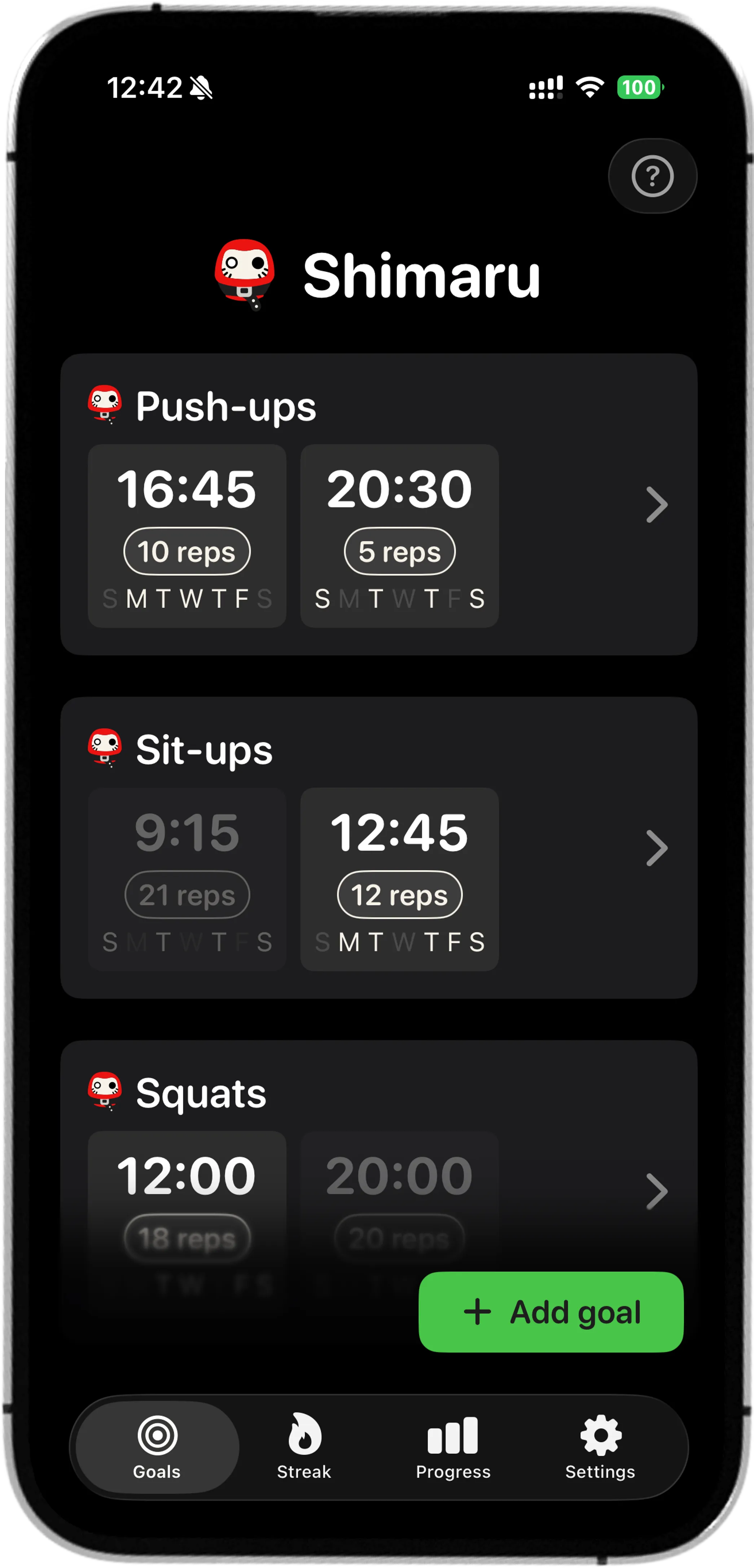 Shimaru app: goals screen