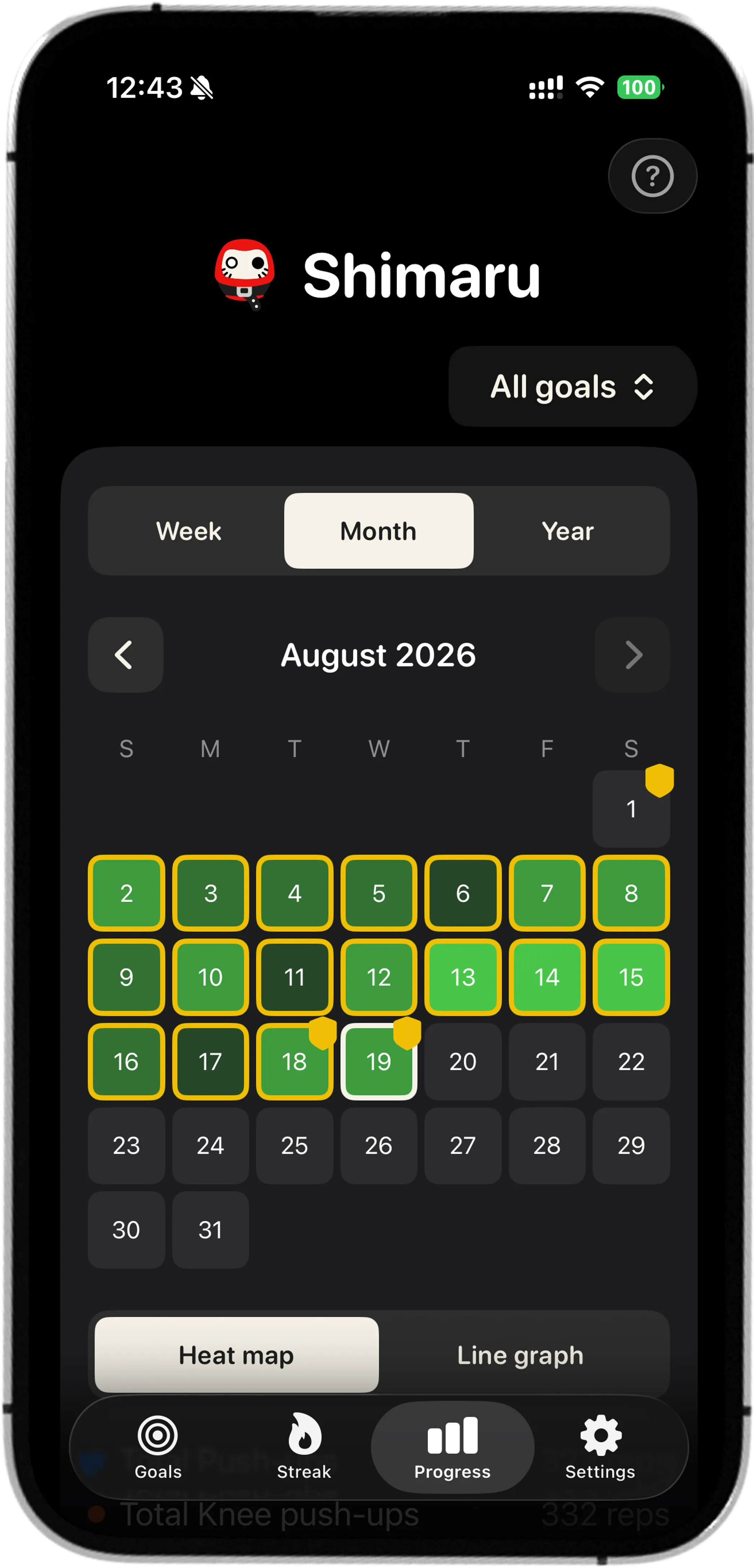 Shimaru app: progress screen