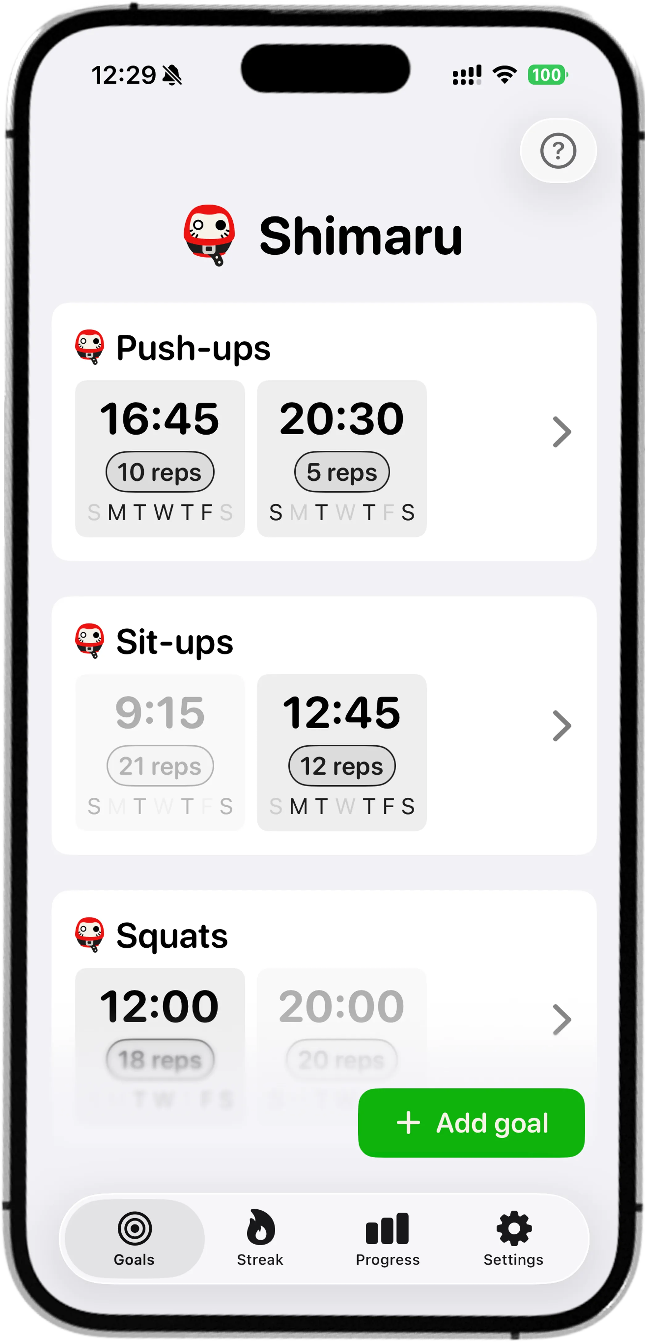 Shimaru app: goals screen