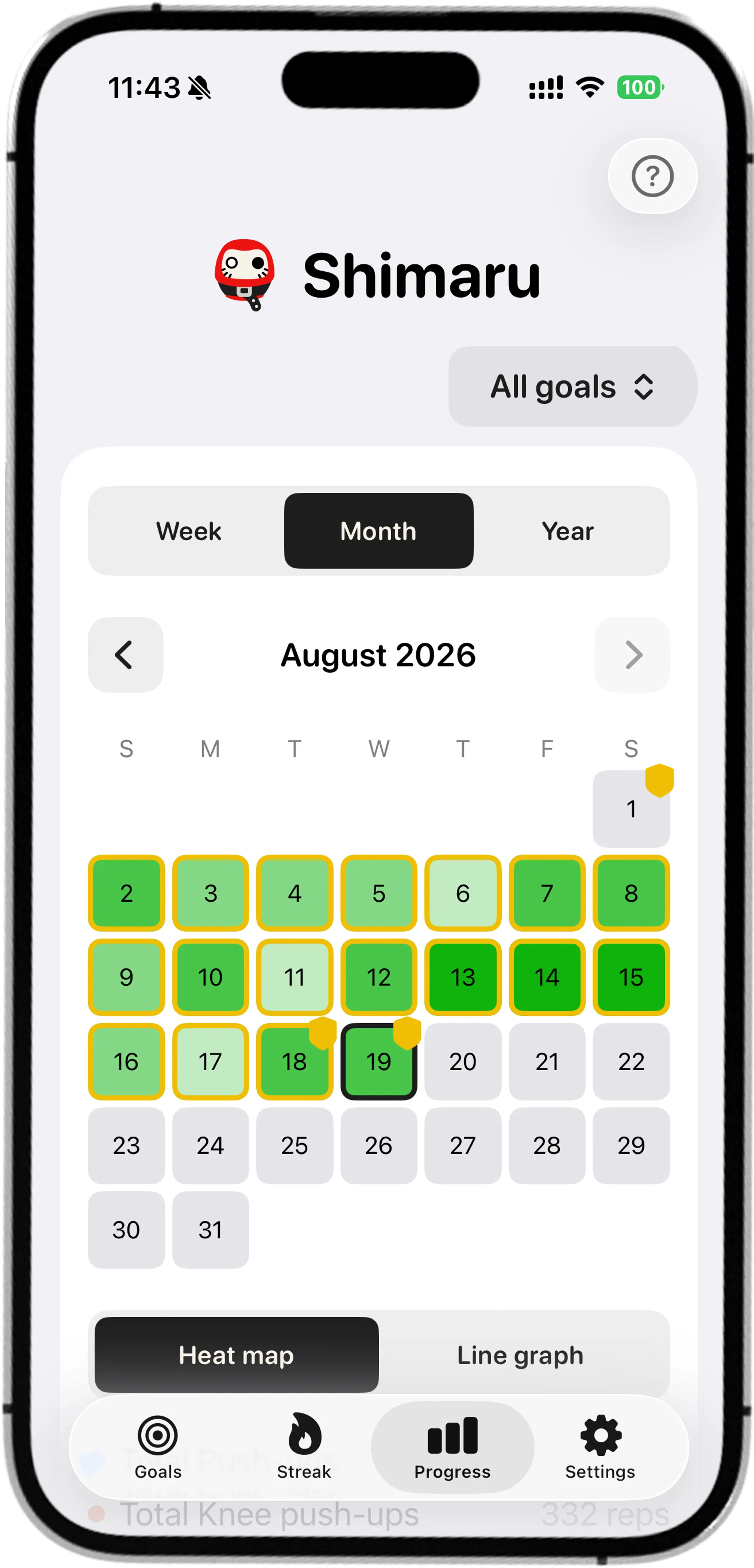 Shimaru app: progress screen