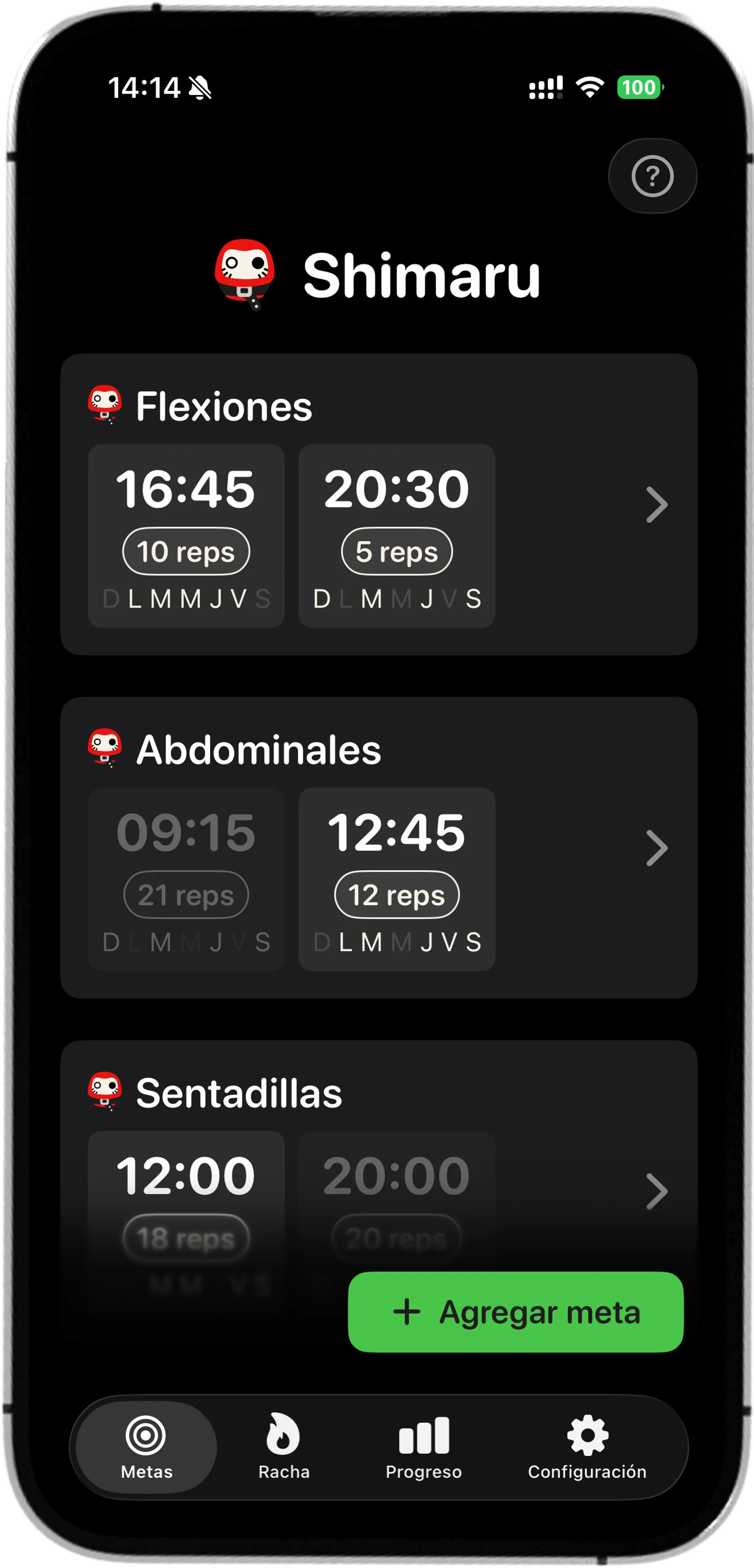 App Shimaru: pantalla de metas