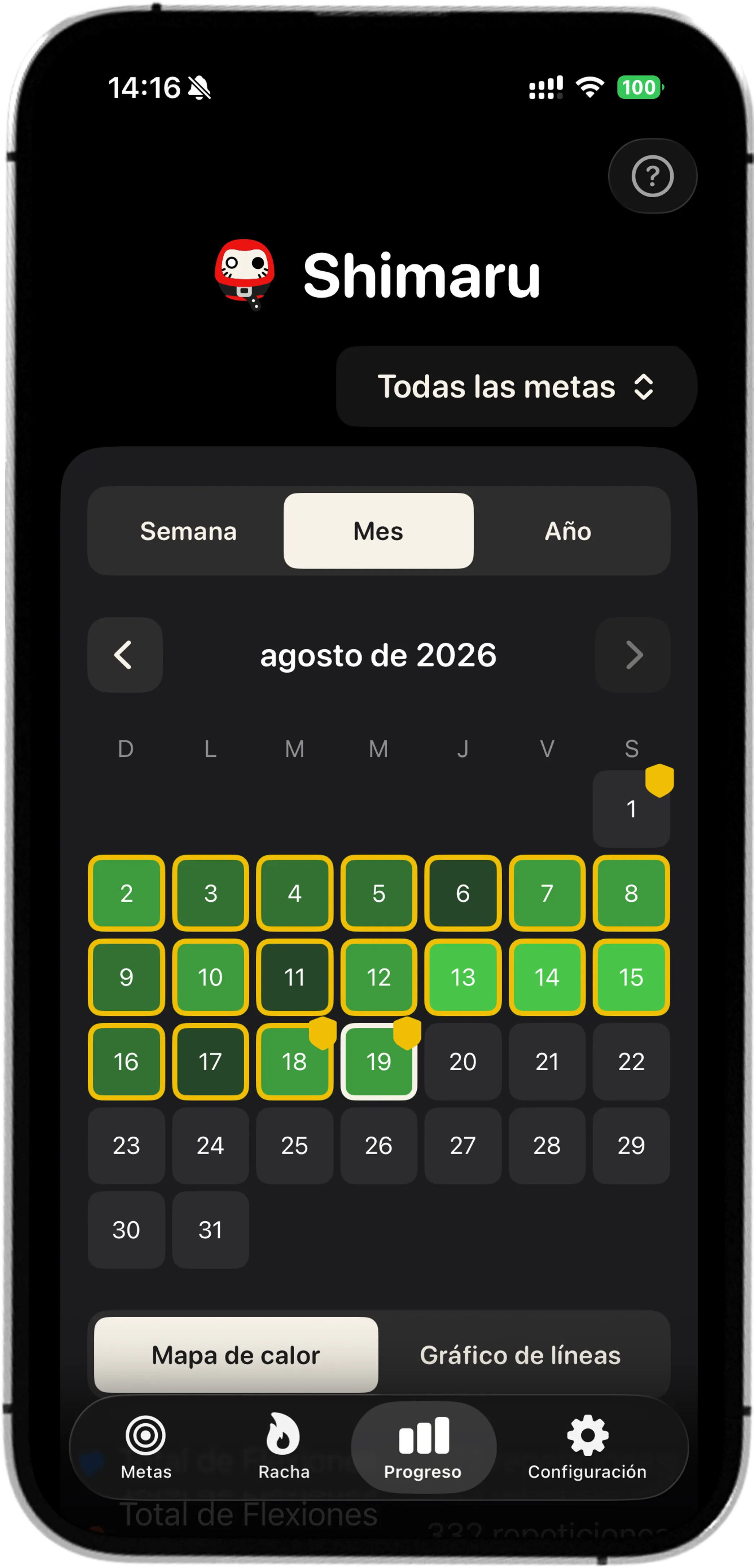 App Shimaru: pantalla de progreso