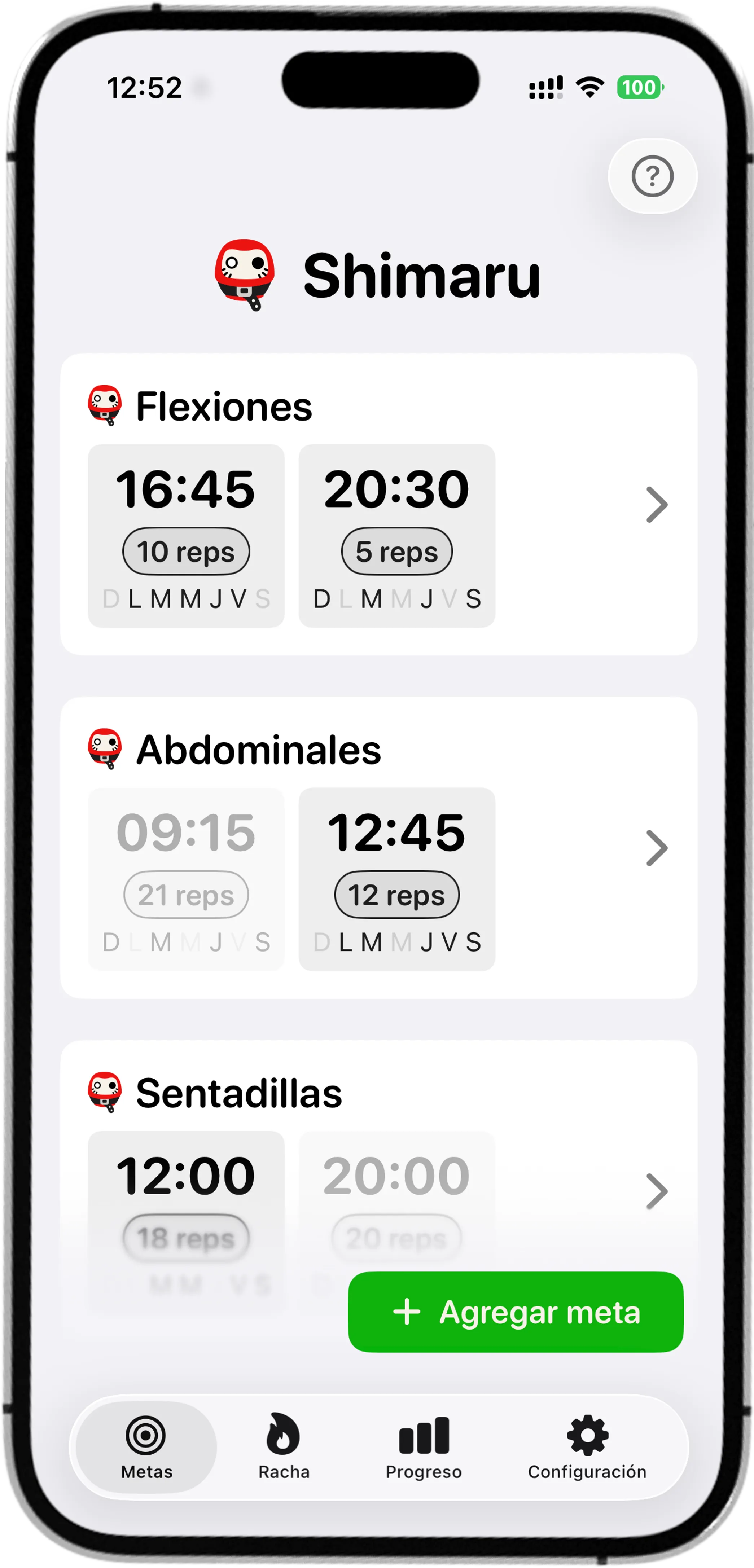 App Shimaru: pantalla de metas